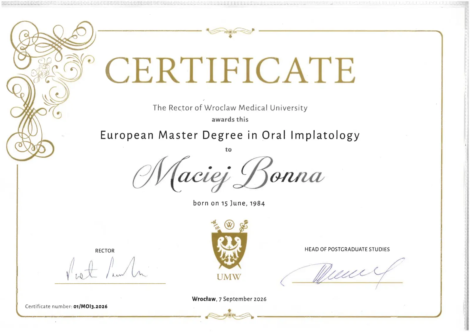 Certyfikat-Maciej-Bonna-1 All-on-4® Titanium Dental